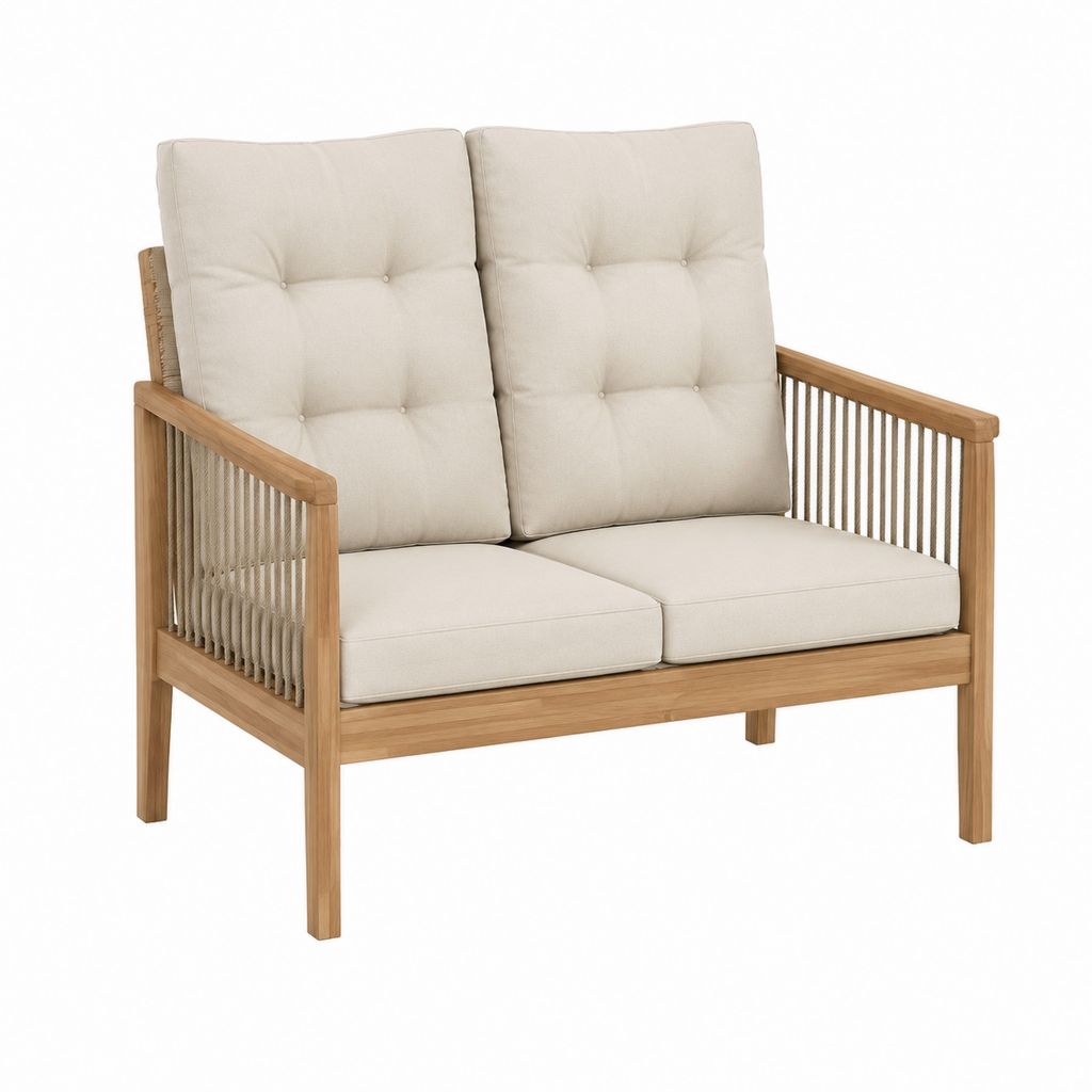 2-Sitzer Gartenbank Naturholz Beige mit Polyesterkissen 124 x 75 x 83 cm