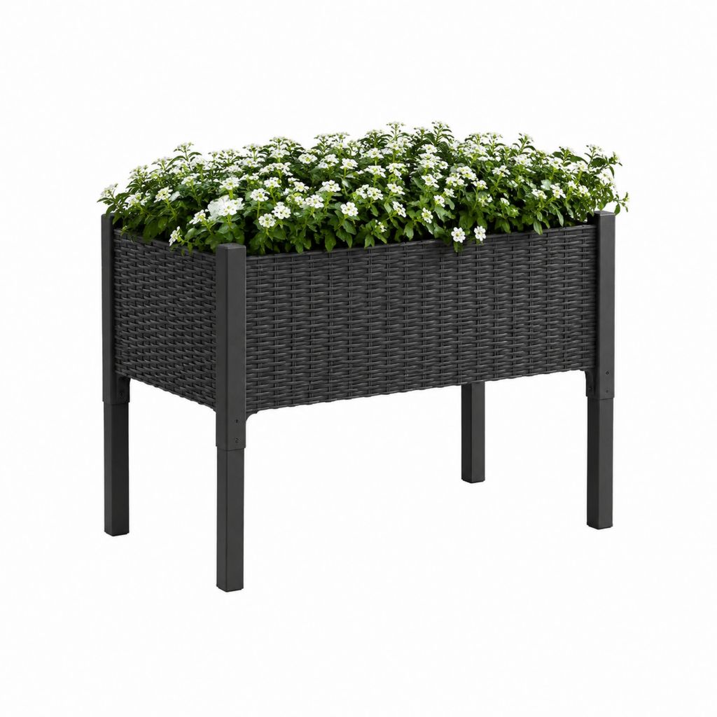 Hochbeet Pflanzkasten Schwarz aus PE-Rattan mit Stahlgestell 90 x 30 x 80 cm