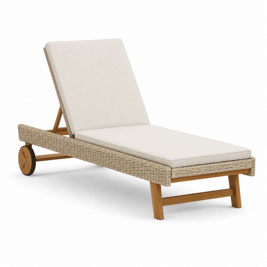 Gartenliege mit Rollen Beige PE-Geflecht Akazienholz verstellbare Rückenlehne 200 x 70 x 35 cm