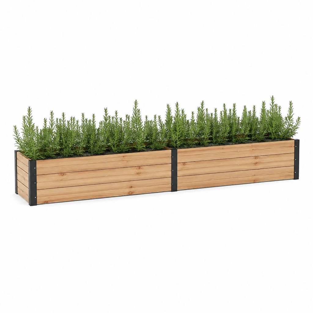 Hochbeet rechteckig Naturholz Schwarz mit Stahlrahmen 200 x 40 x 40 cm