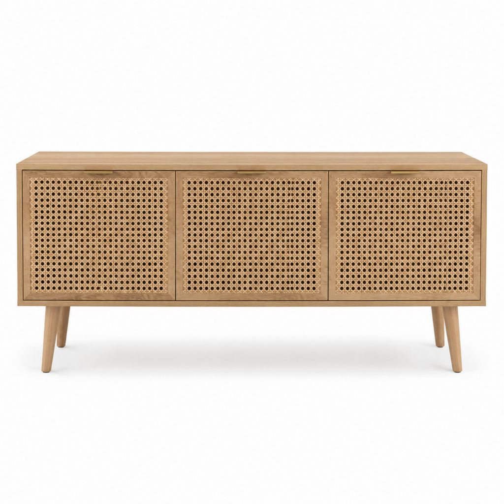 TV-Lowboard Natur aus Eichen-Massivholz und Rattan rechteckig mit 3 Türen 160 x 40 x 75 cm