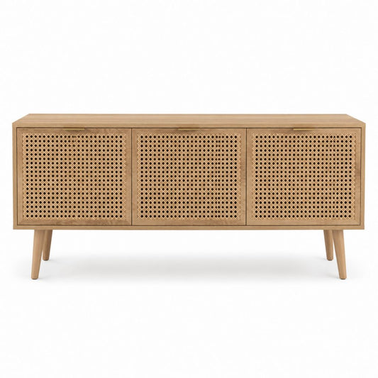 TV-Lowboard Natur aus Eichen-Massivholz und Rattan rechteckig mit 3 Türen 160 x 40 x 75 cm