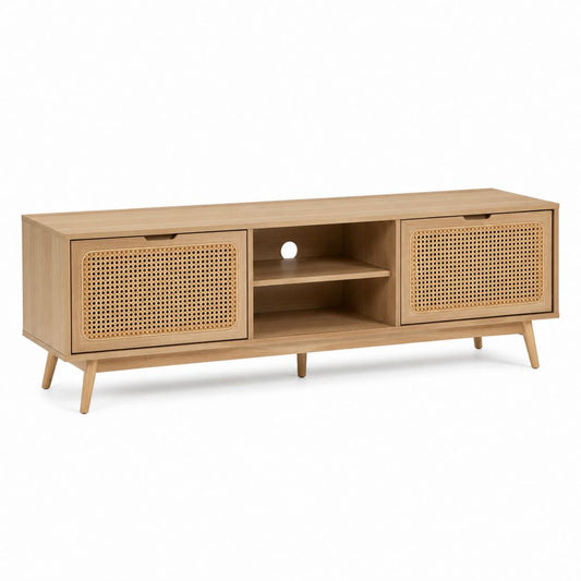 TV-Board Natur Eichenfurnier Rattan rechteckig mit 2 Türen 160 x 40 x 55 cm