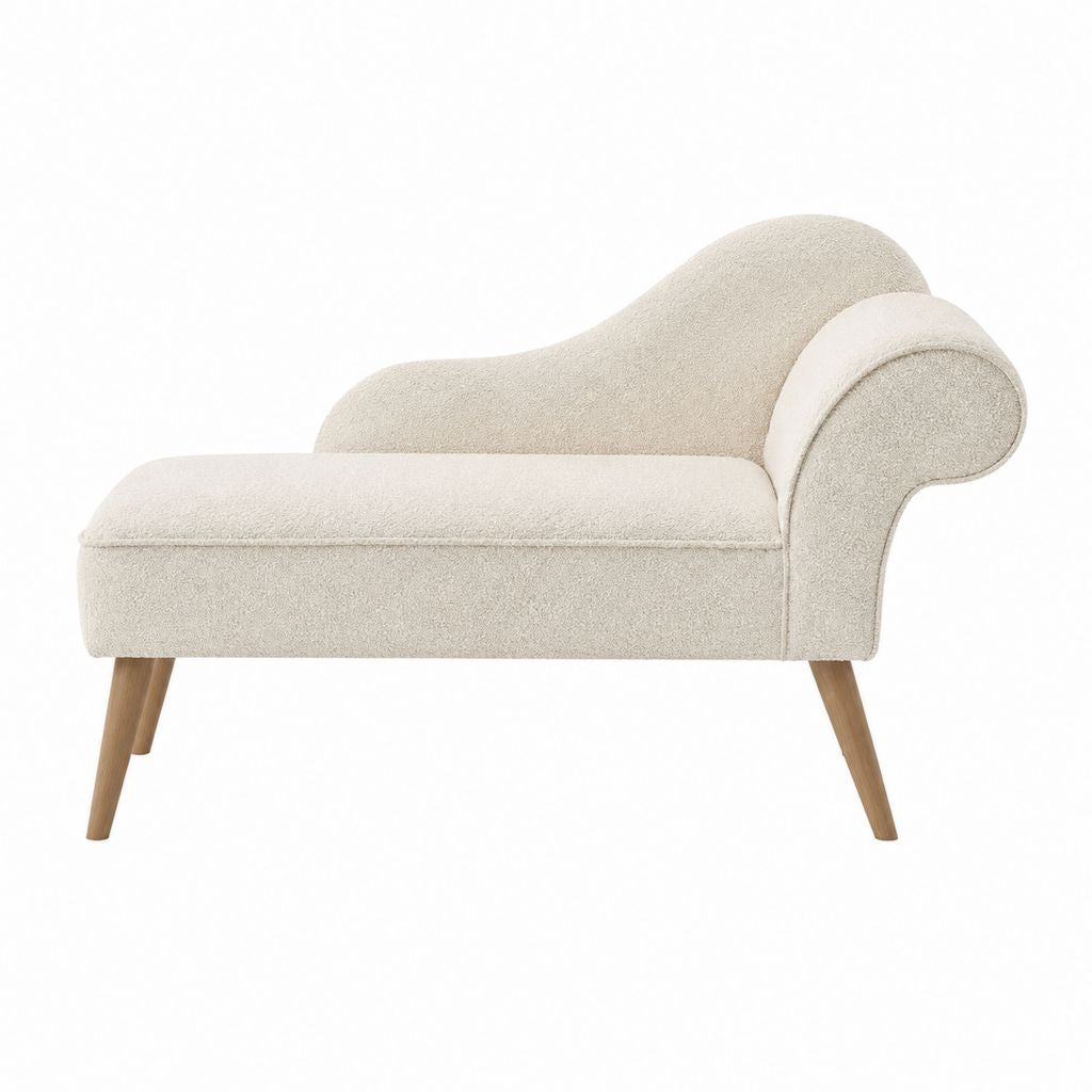 Chaiselongue Cremeweiß mit Polyester-Bouclébezug und Massivholzfüßen 140 x 75 x 85 cm