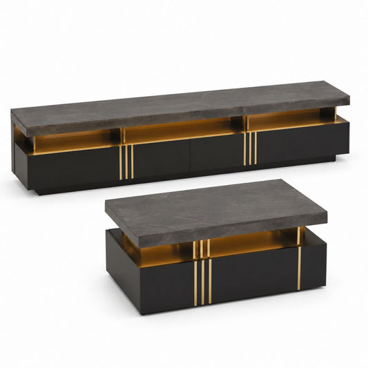 TV-Möbel Set mit Couchtisch Schwarz Gold Sinterstein MDF rechteckig TV-Schrank 200 x 40 x 45 cm Couchtisch 120 x 60 x 38 cm