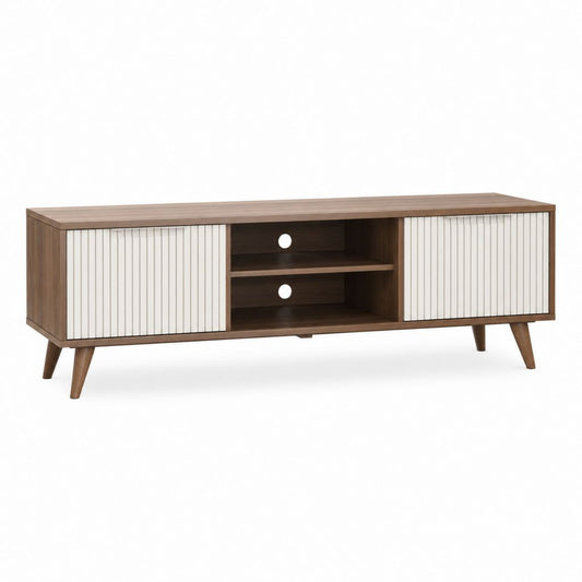 TV-Lowboard Nussbaum Weiß aus Spanplatte und MDF 160 x 40 x 55 cm mit Schiebetüren und offenen Fächern