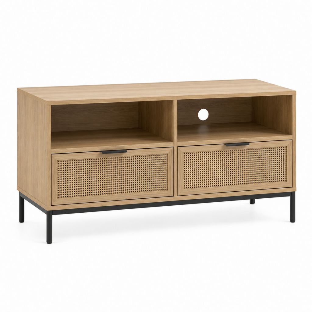TV-Lowboard Eiche-Optik mit Rattangeflecht und Stahlgestell rechteckig 120 x 40 x 65 cm