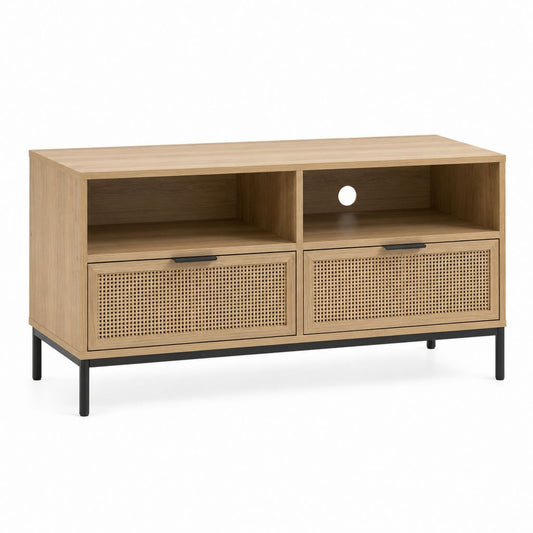 TV-Lowboard Eiche-Optik mit Rattangeflecht und Stahlgestell rechteckig 120 x 40 x 65 cm